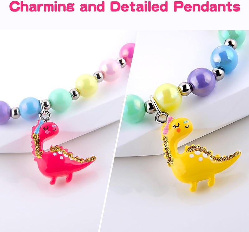 Niceup Cute Sparkling Dinosaur Necklace Bracelet Set for Little Girl Kids Pastel Play Dress-up Stretchy Beads Jewelry Accessories for Party Gift Bags Filler Stuffers - Image 3